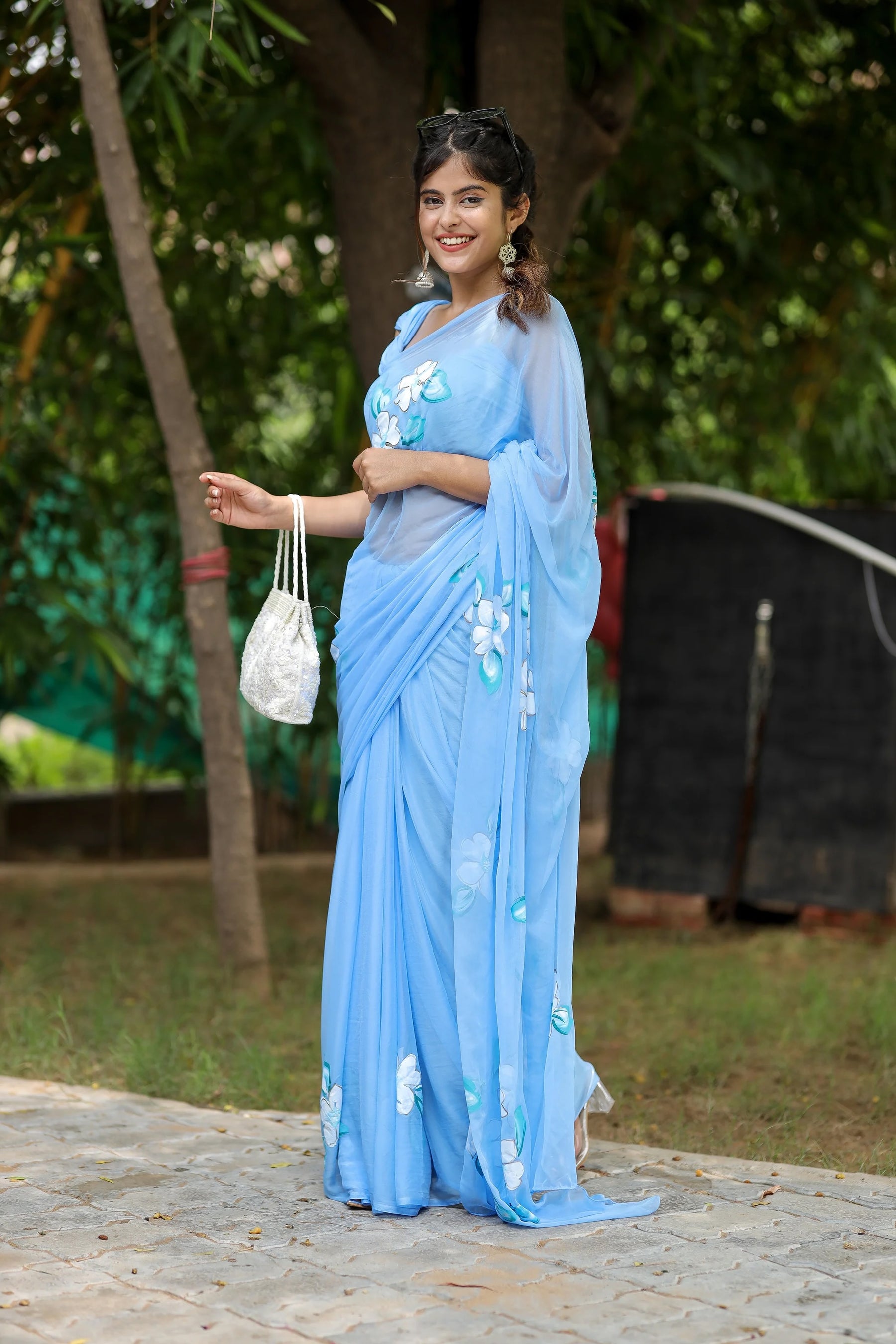 Serene Blue Handpainted Chiffon Saree