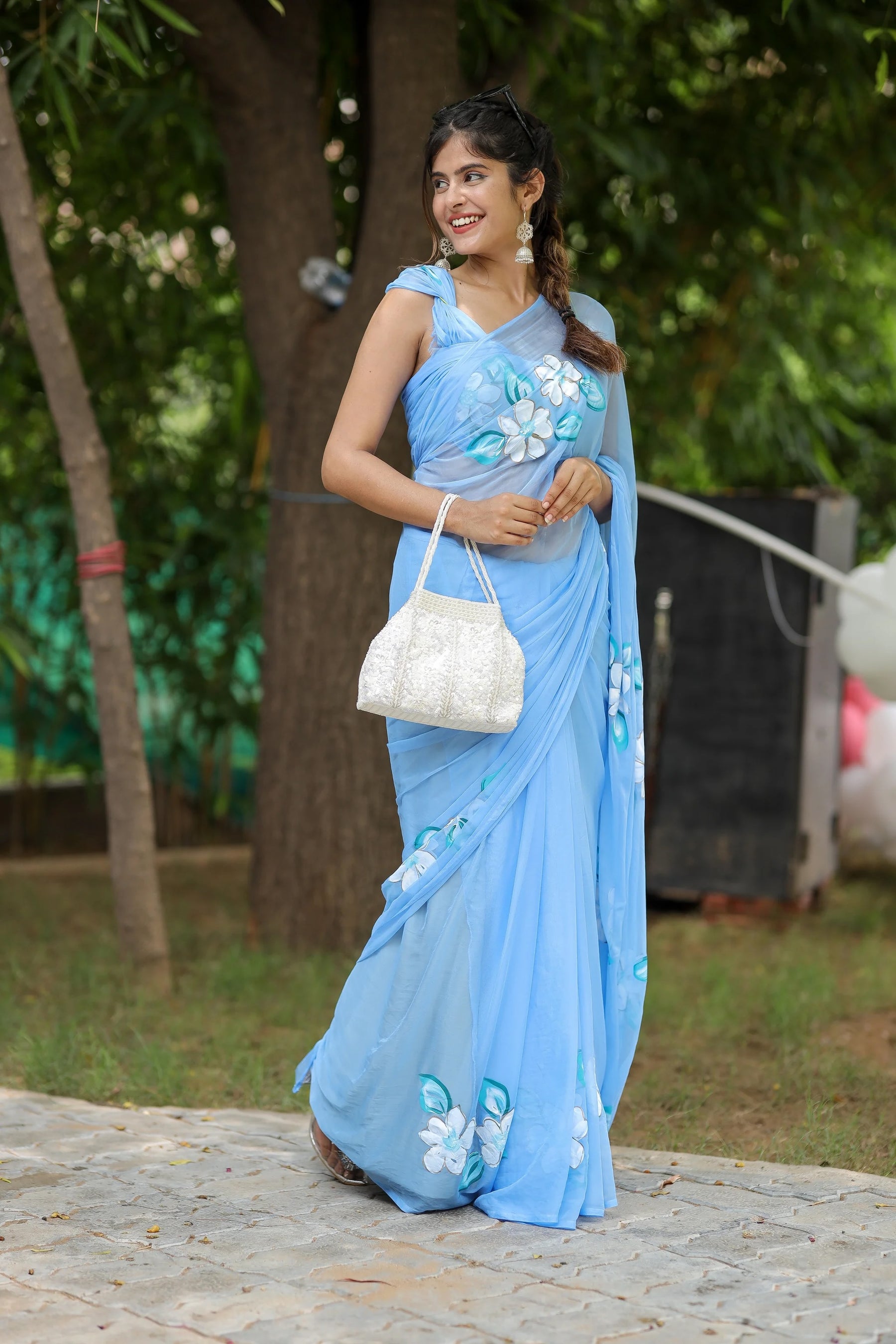 Serene Blue Handpainted Chiffon Saree