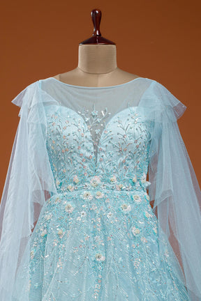 Mint Blue Sequins Embroidered Net Evening Gown