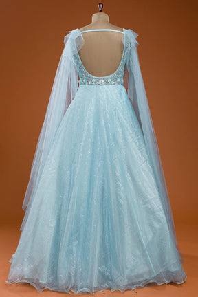 Mint Blue Sequins Embroidered Net Evening Gown