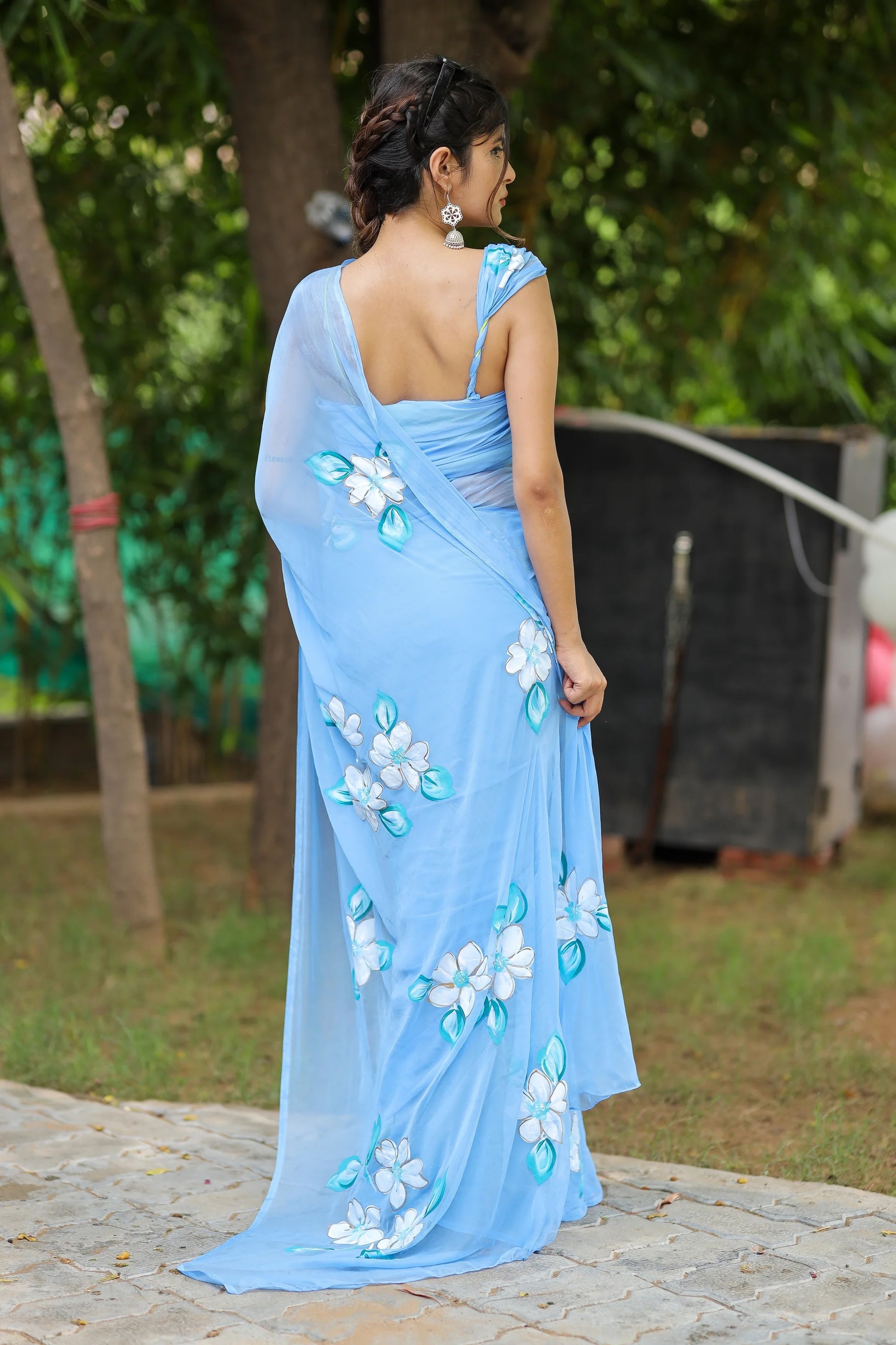 Serene Blue Handpainted Chiffon Saree