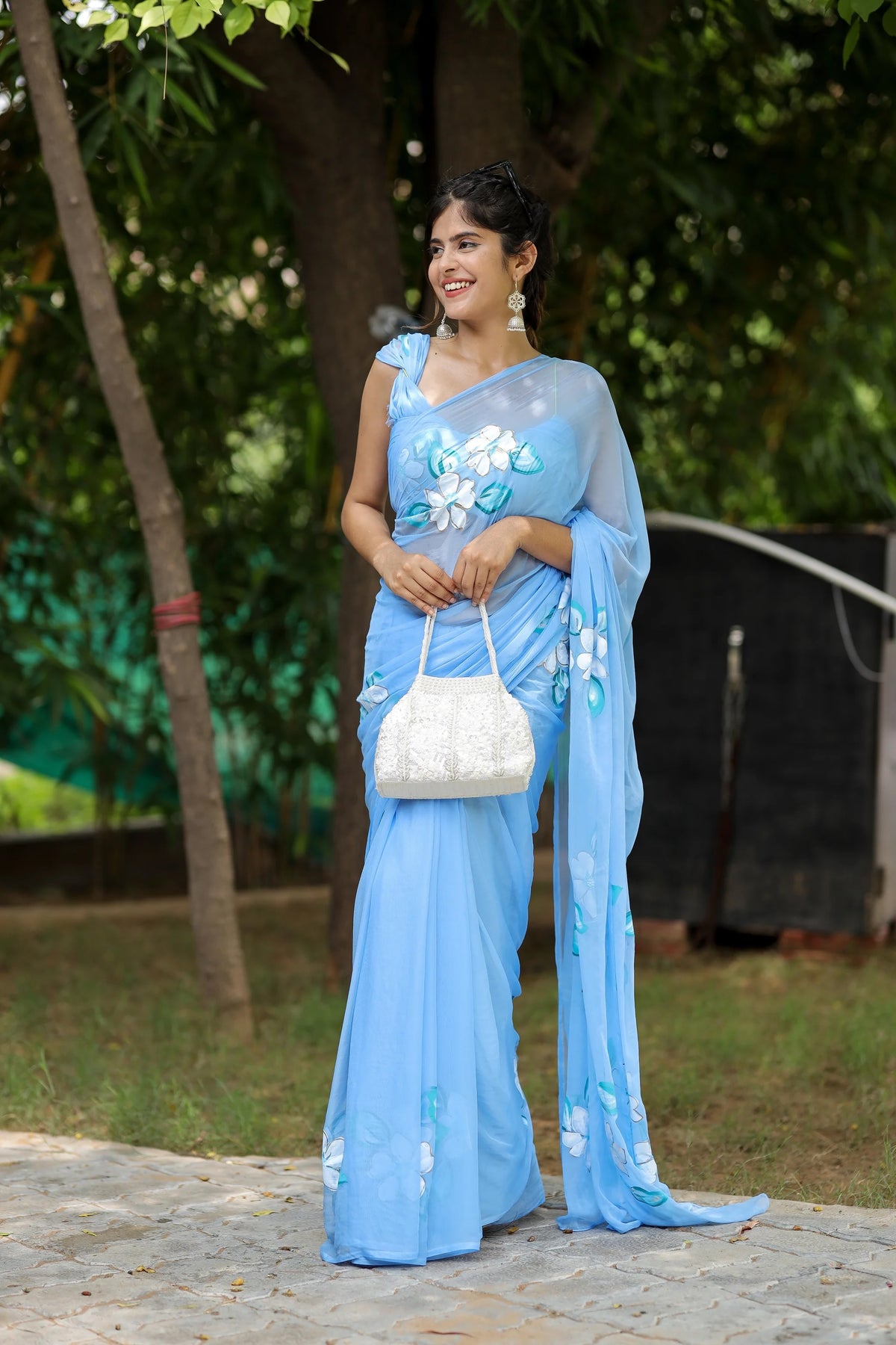 Serene Blue Handpainted Chiffon Saree