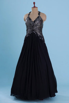 Black Bead Embroidered Georgette Evening Gown