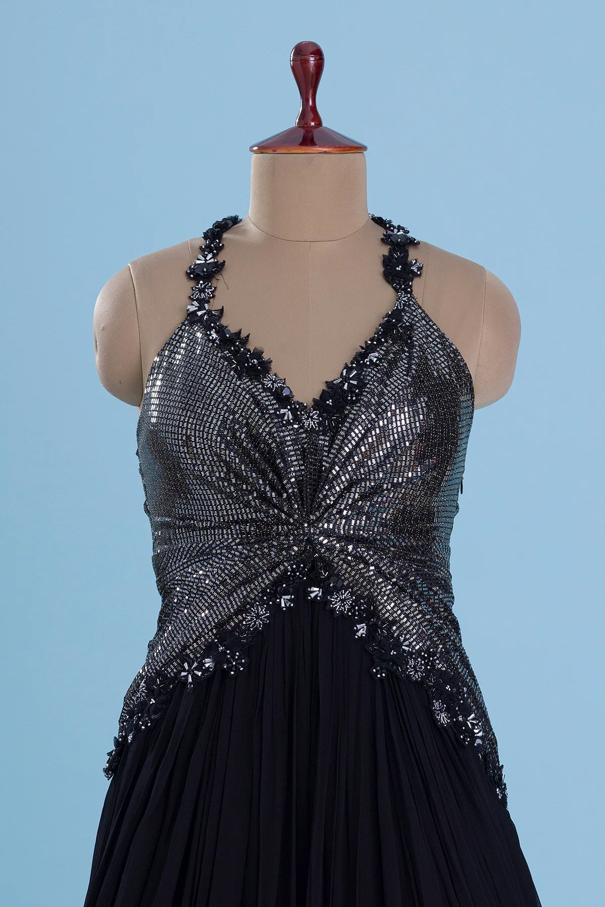 Black Bead Embroidered Georgette Evening Gown