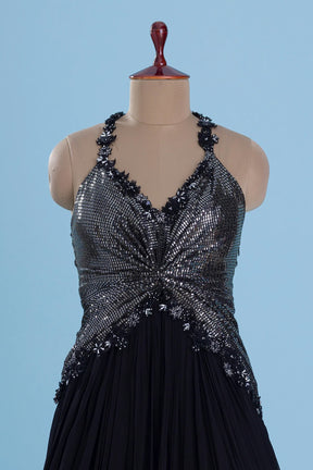 Black Bead Embroidered Georgette Evening Gown