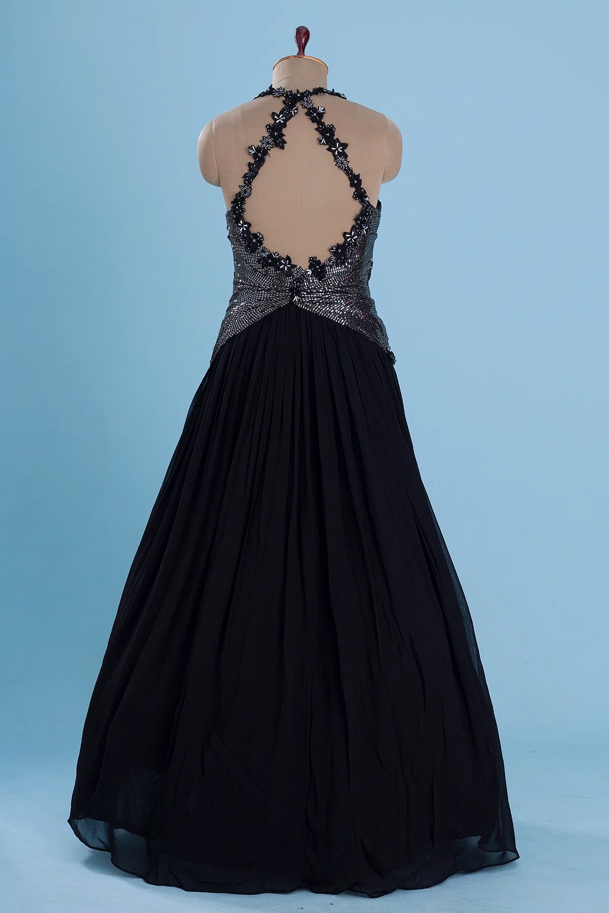 Black Bead Embroidered Georgette Evening Gown