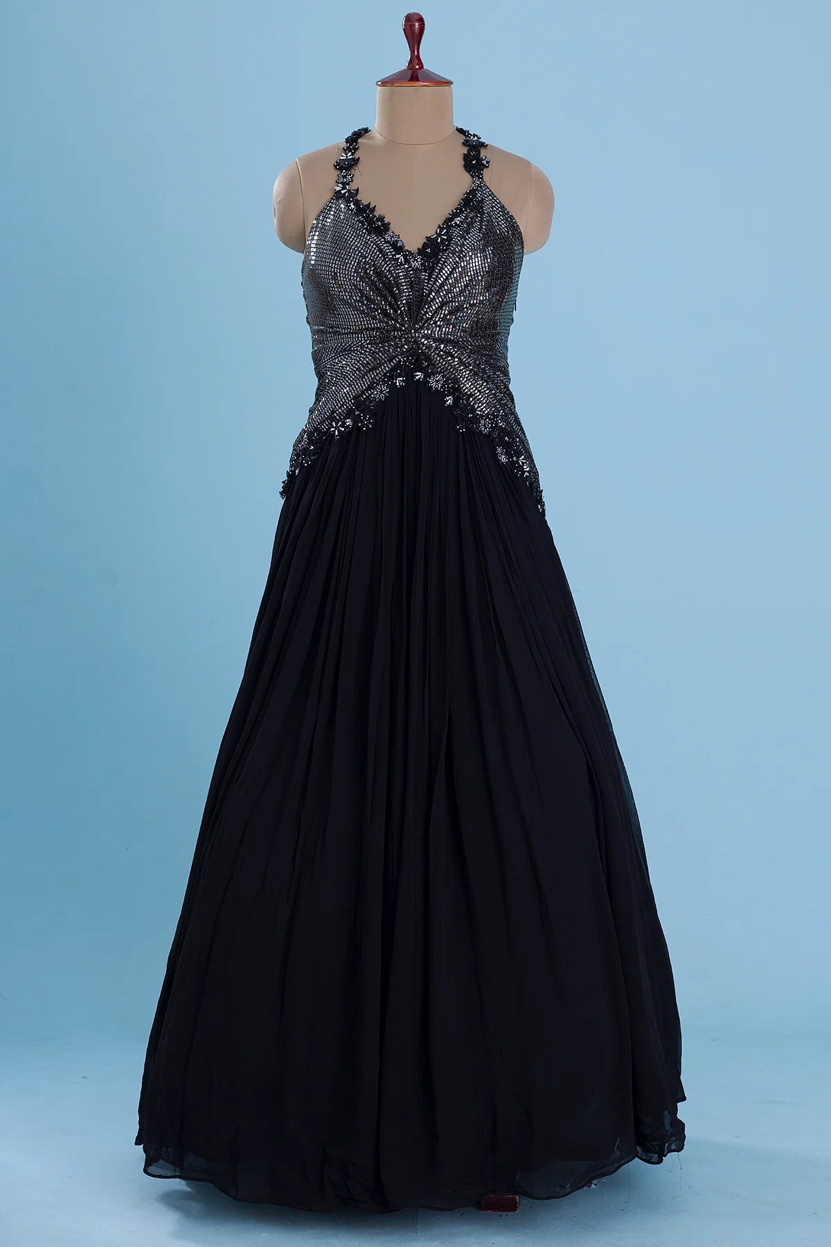 Black Bead Embroidered Georgette Evening Gown