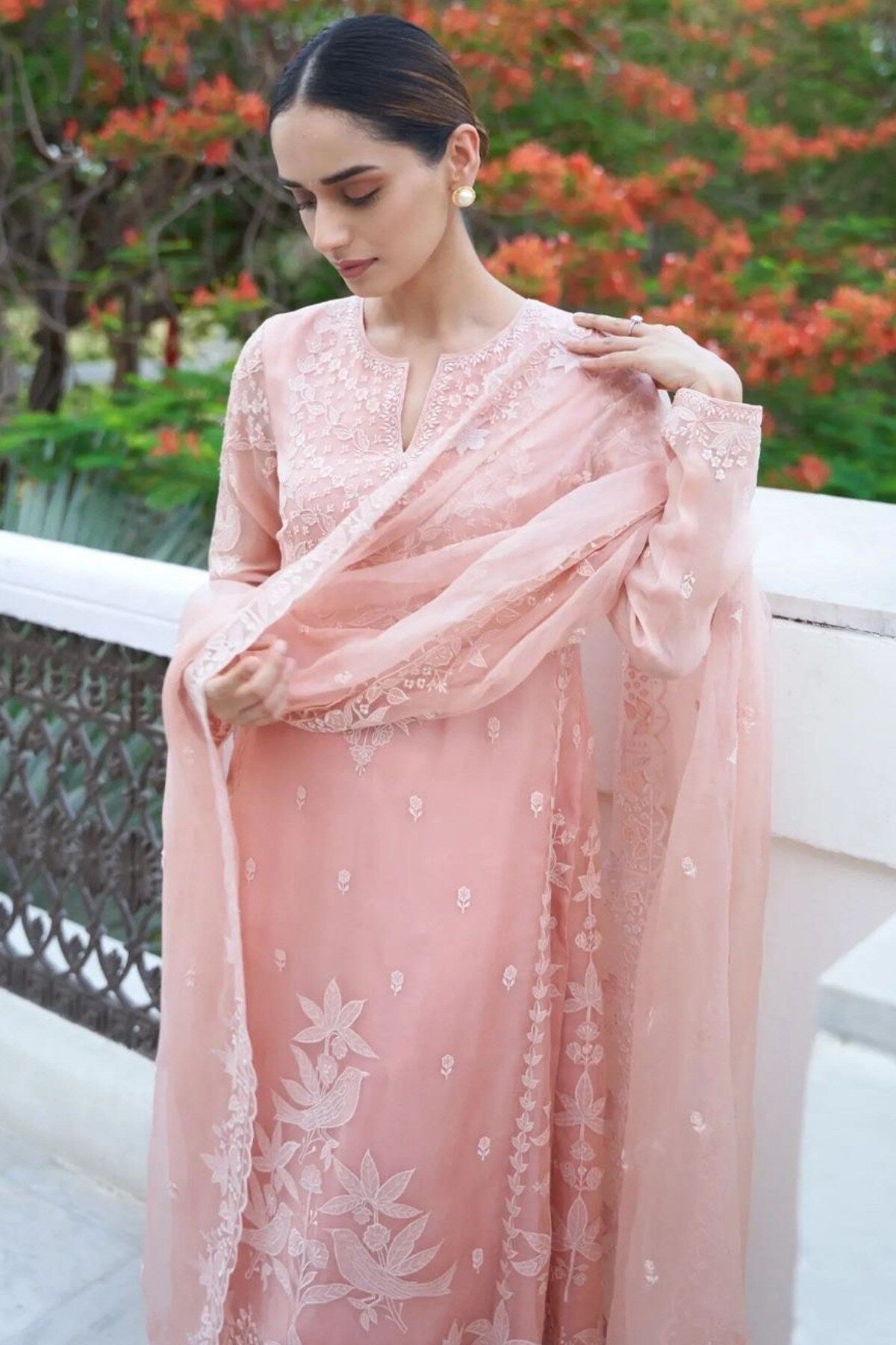 Manushi Chillar in Blush Twin Doves Silk Kurta Set