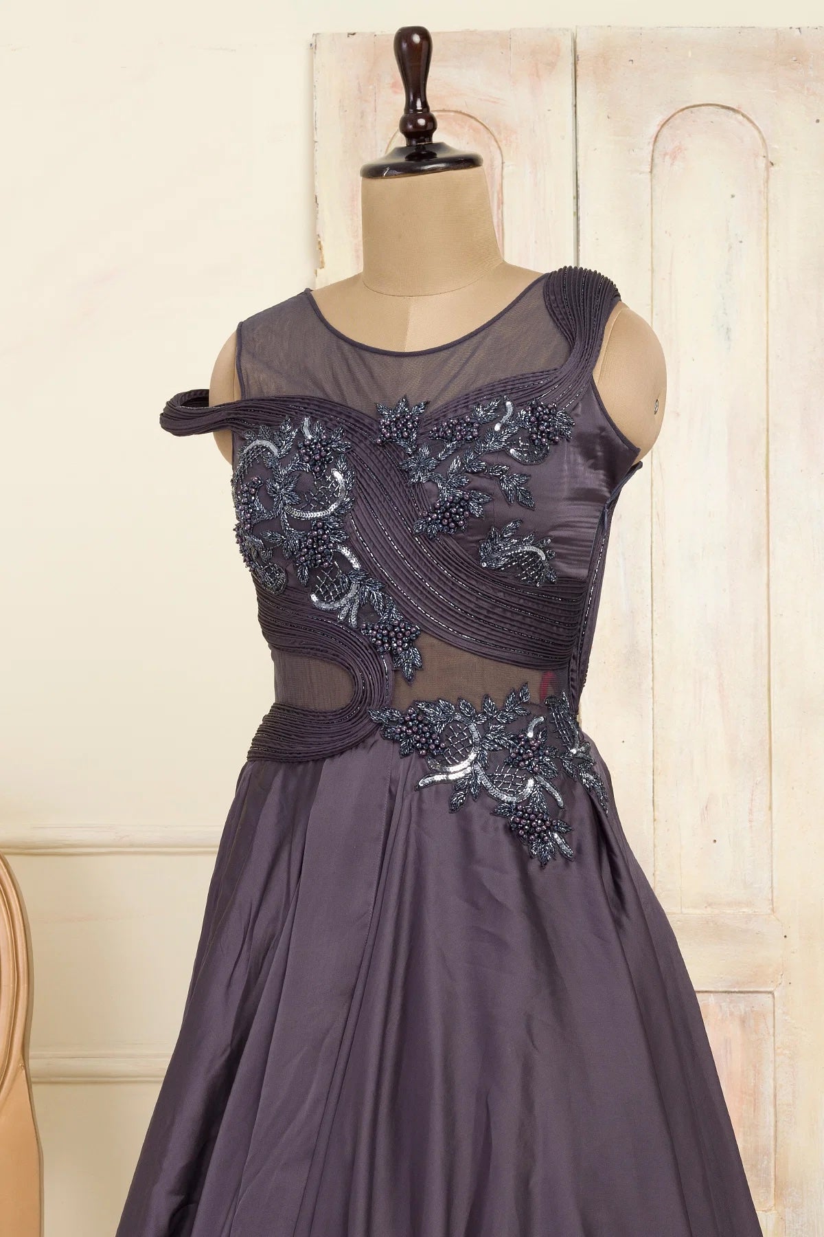 Dark Grey Sequins Embroidered Satin Evening Gown