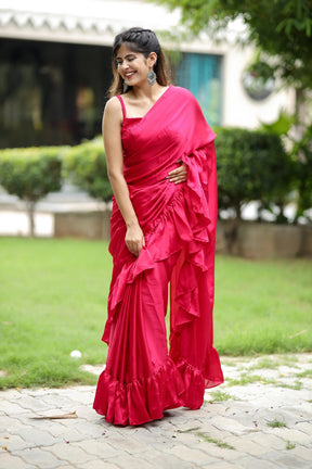 Playful Pink Ruffled Silk Fusion Saree