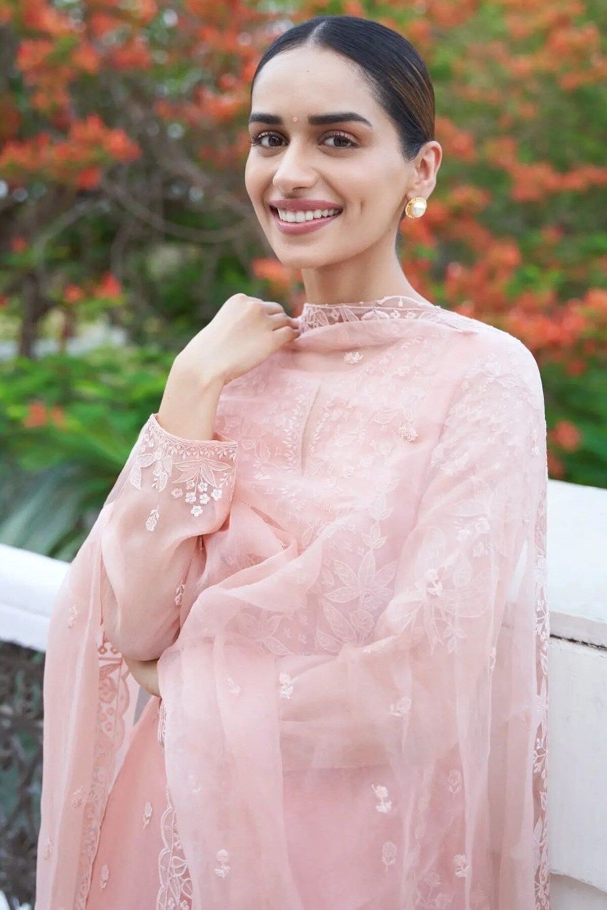 Manushi Chillar in Blush Twin Doves Silk Kurta Set