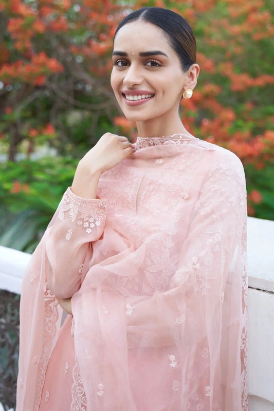 Manushi Chillar in Blush Twin Doves Silk Kurta Set