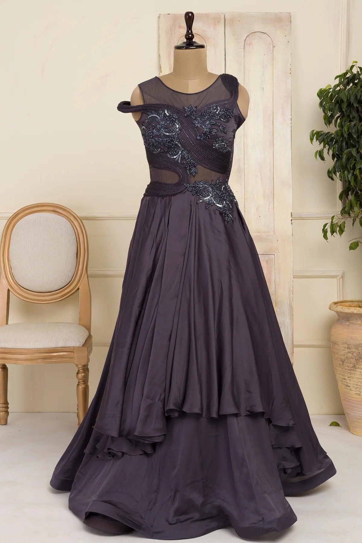 Dark Grey Sequins Embroidered Satin Evening Gown Rim Zim Fashion Dark Grey Sequins Embroidered Satin Evening Gown Rim Zim Fashion