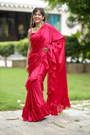 Playful Pink Ruffled Silk Fusion Saree