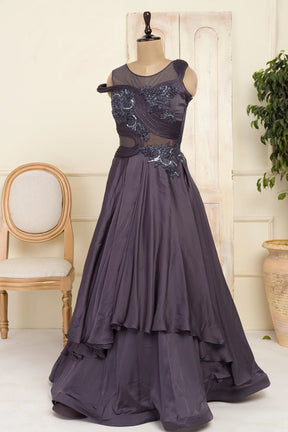 Dark Grey Sequins Embroidered Satin Evening Gown