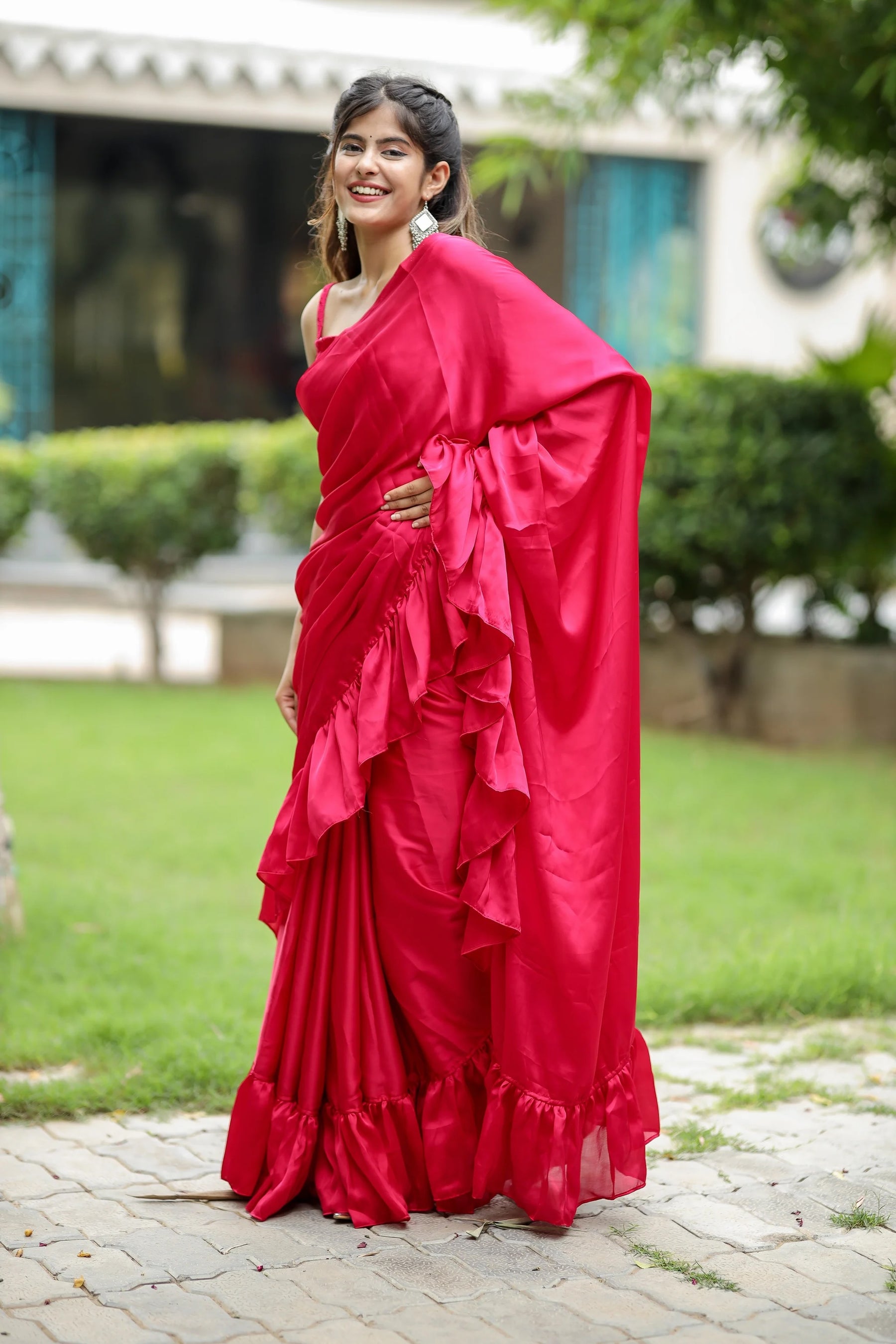 Playful Pink Ruffled Silk Fusion Saree