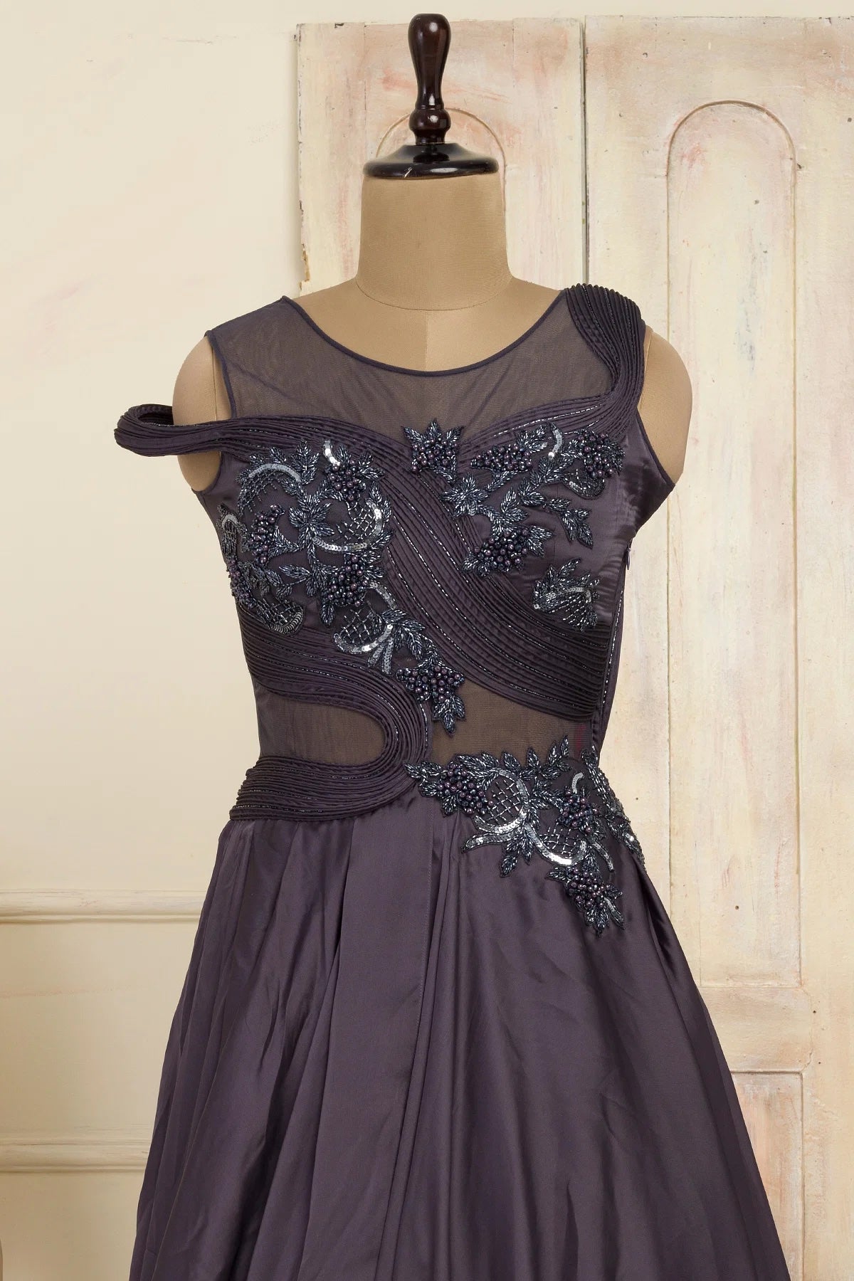 Dark Grey Sequins Embroidered Satin Evening Gown