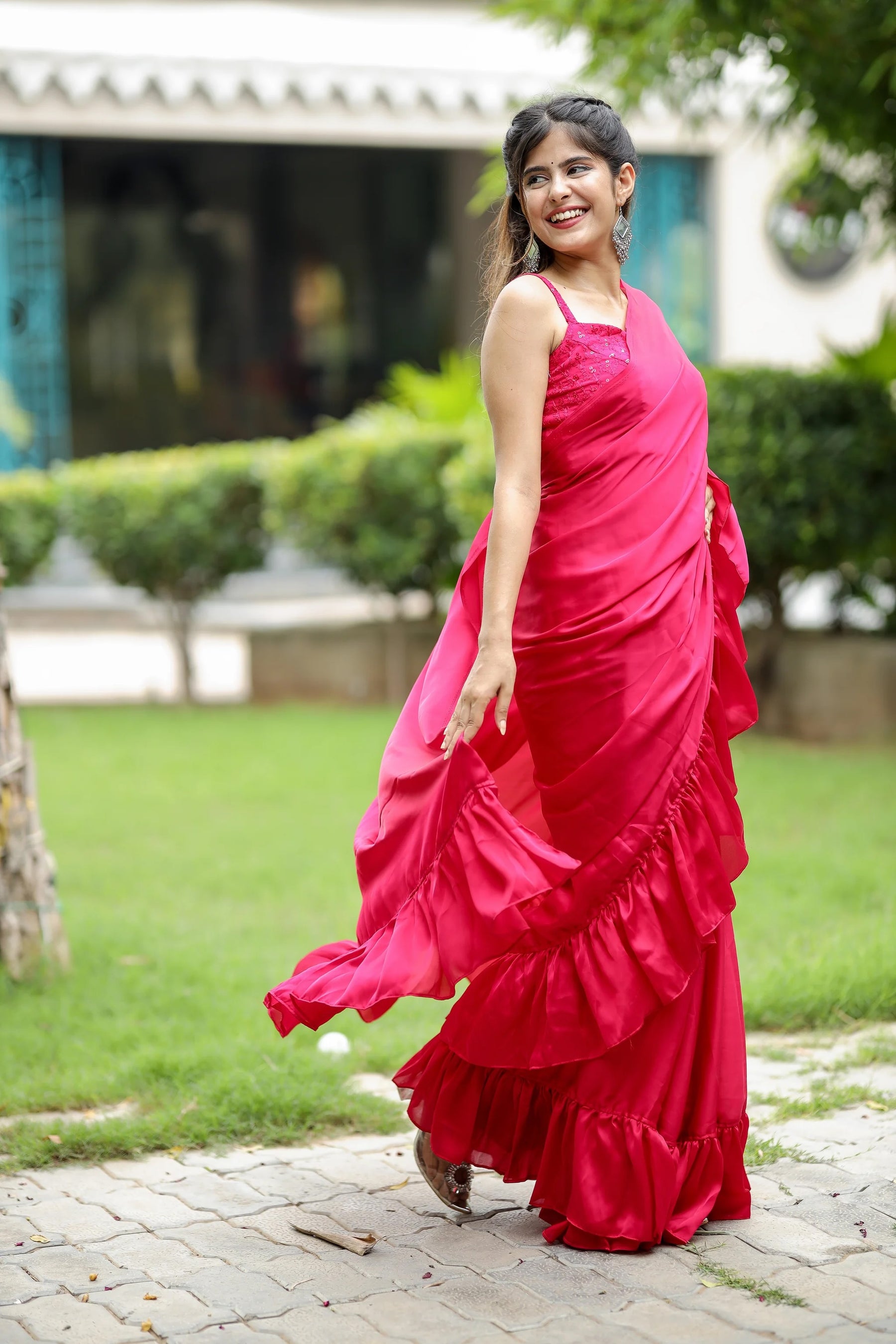 Playful Pink Ruffled Silk Fusion Saree