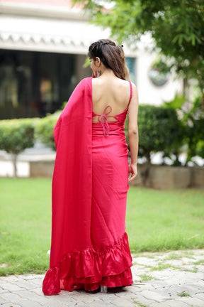 Playful Pink Ruffled Silk Fusion Saree