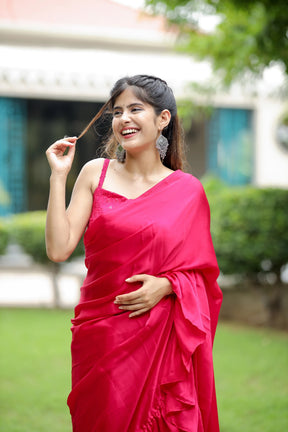 Playful Pink Ruffled Silk Fusion Saree