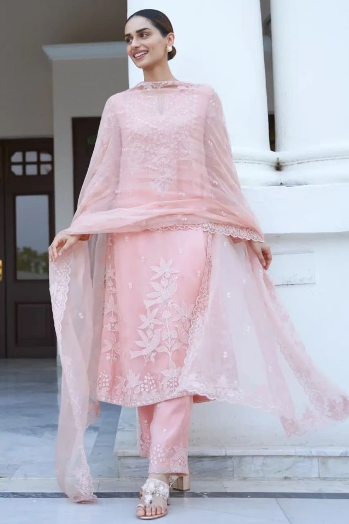 Manushi Chillar in Blush Twin Doves Silk Kurta Set