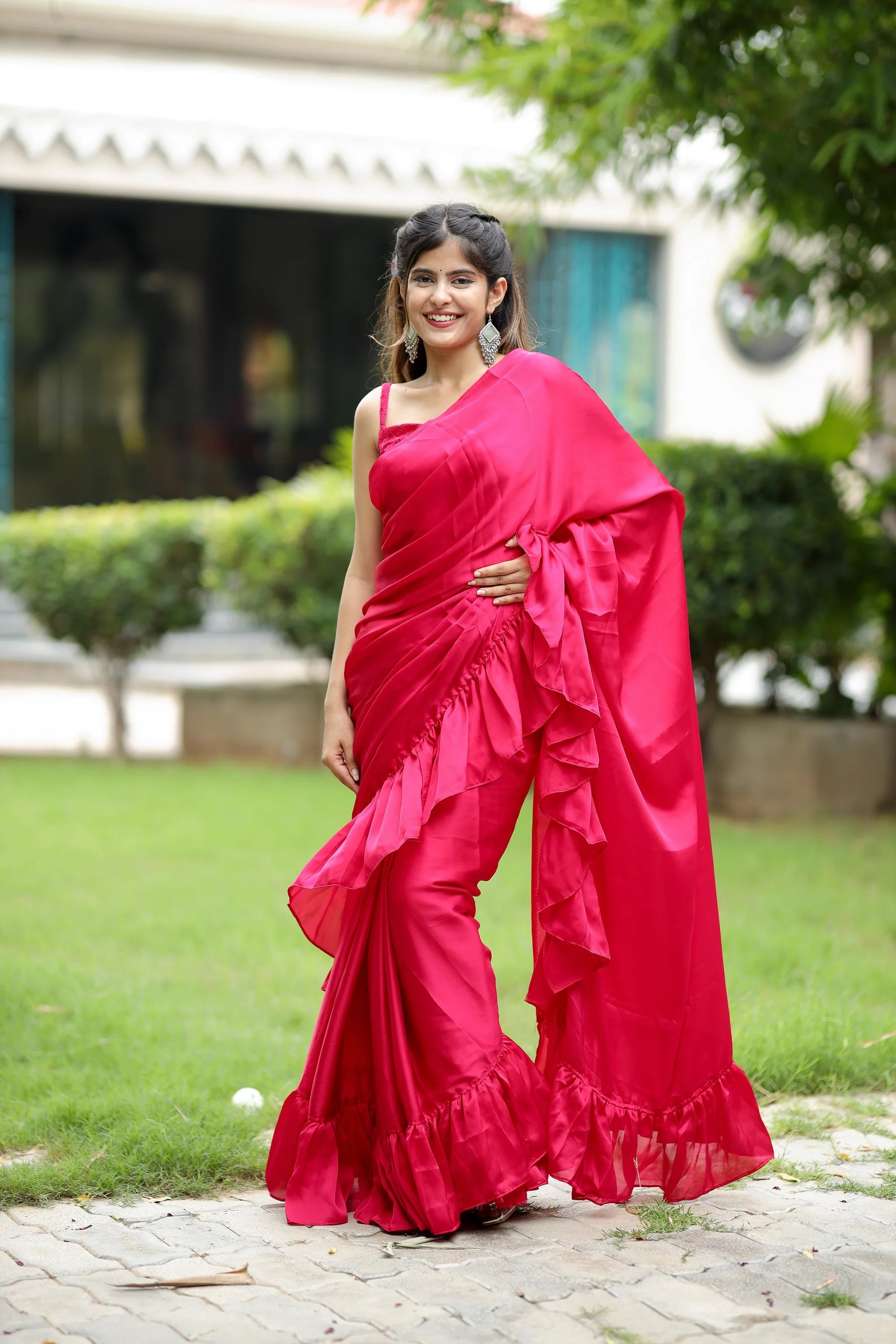 Playful Pink Ruffled Silk Fusion Saree