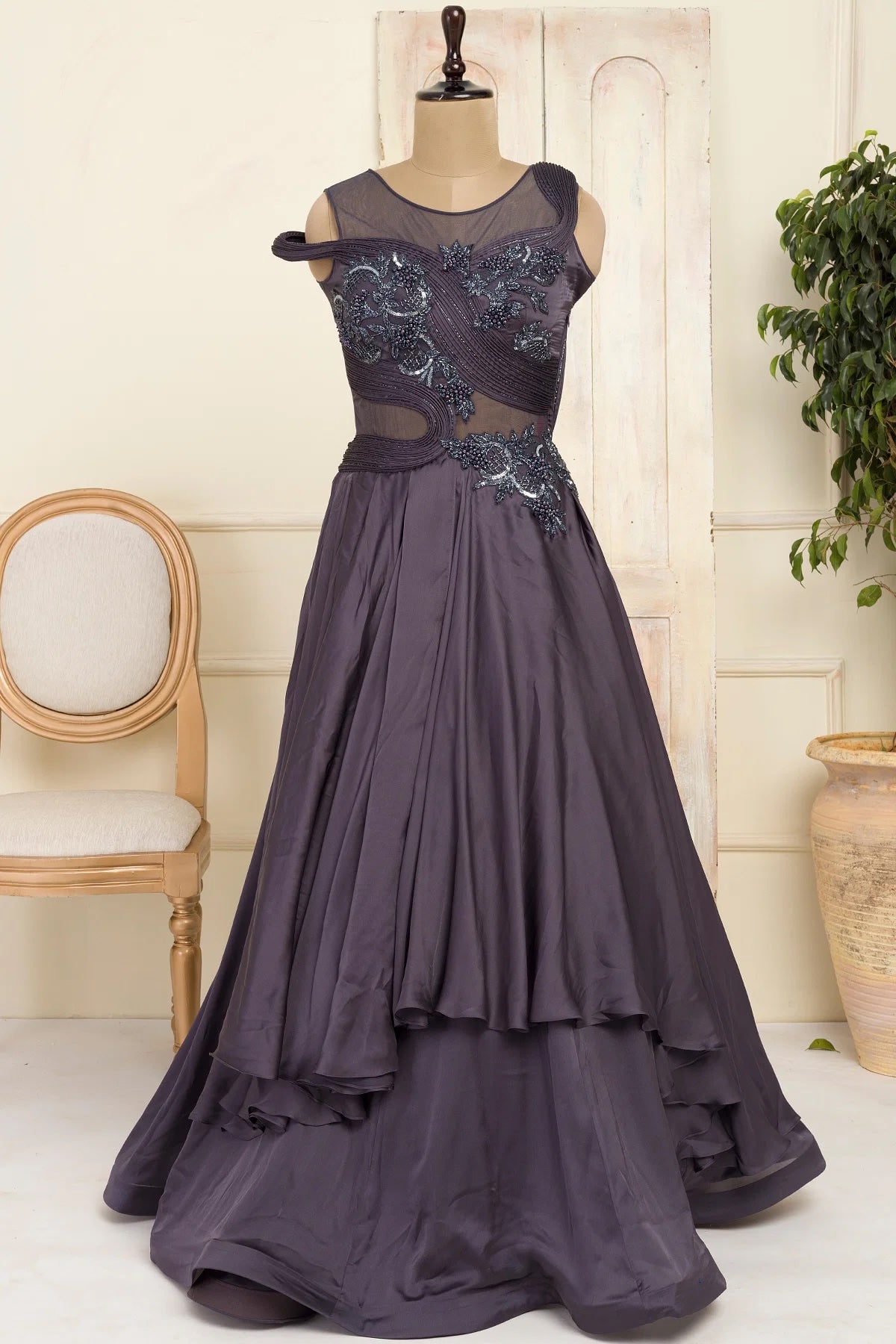 Dark Grey Sequins Embroidered Satin Evening Gown