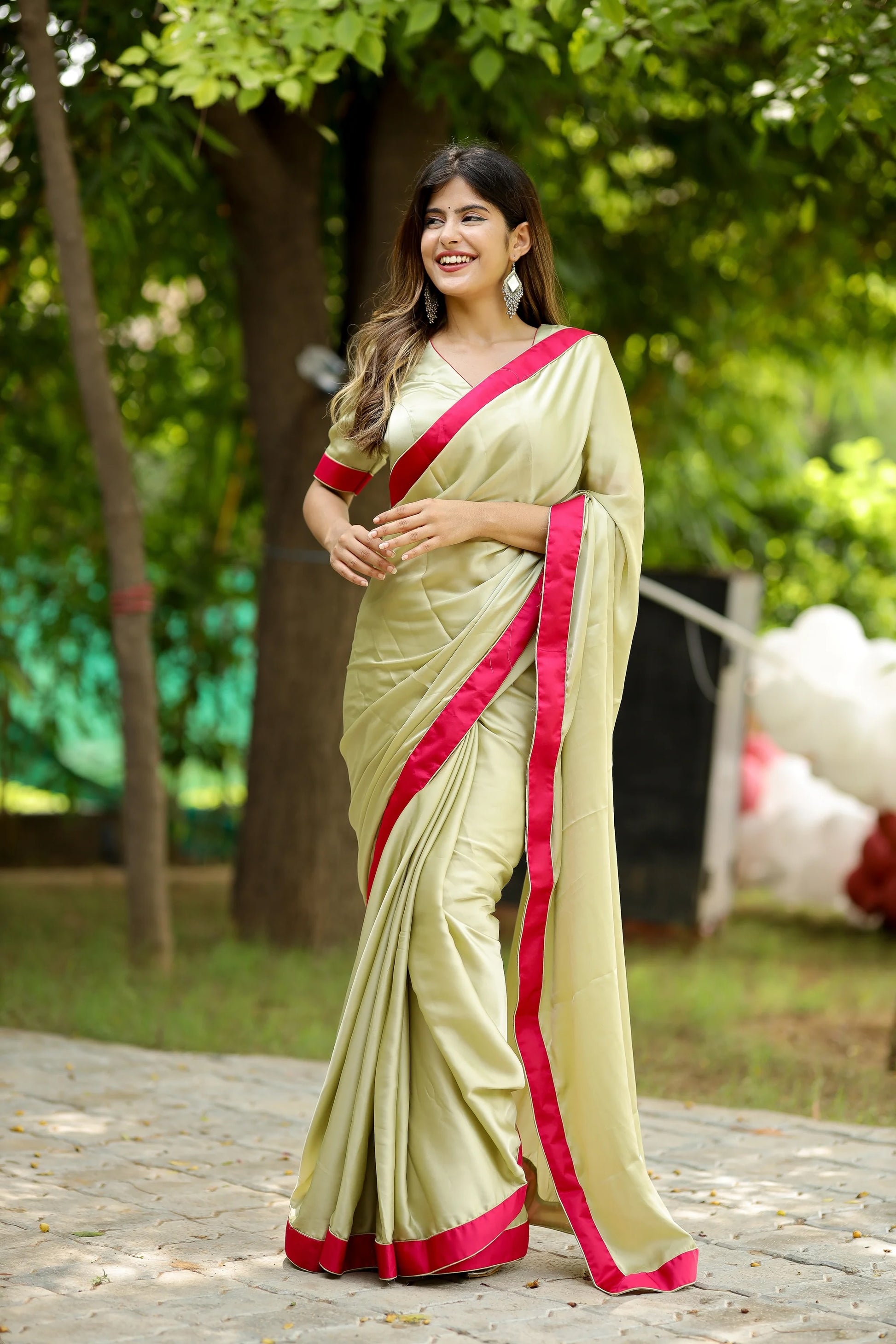 Minty Blush Satin Crepe Saree with Rani Satin Border