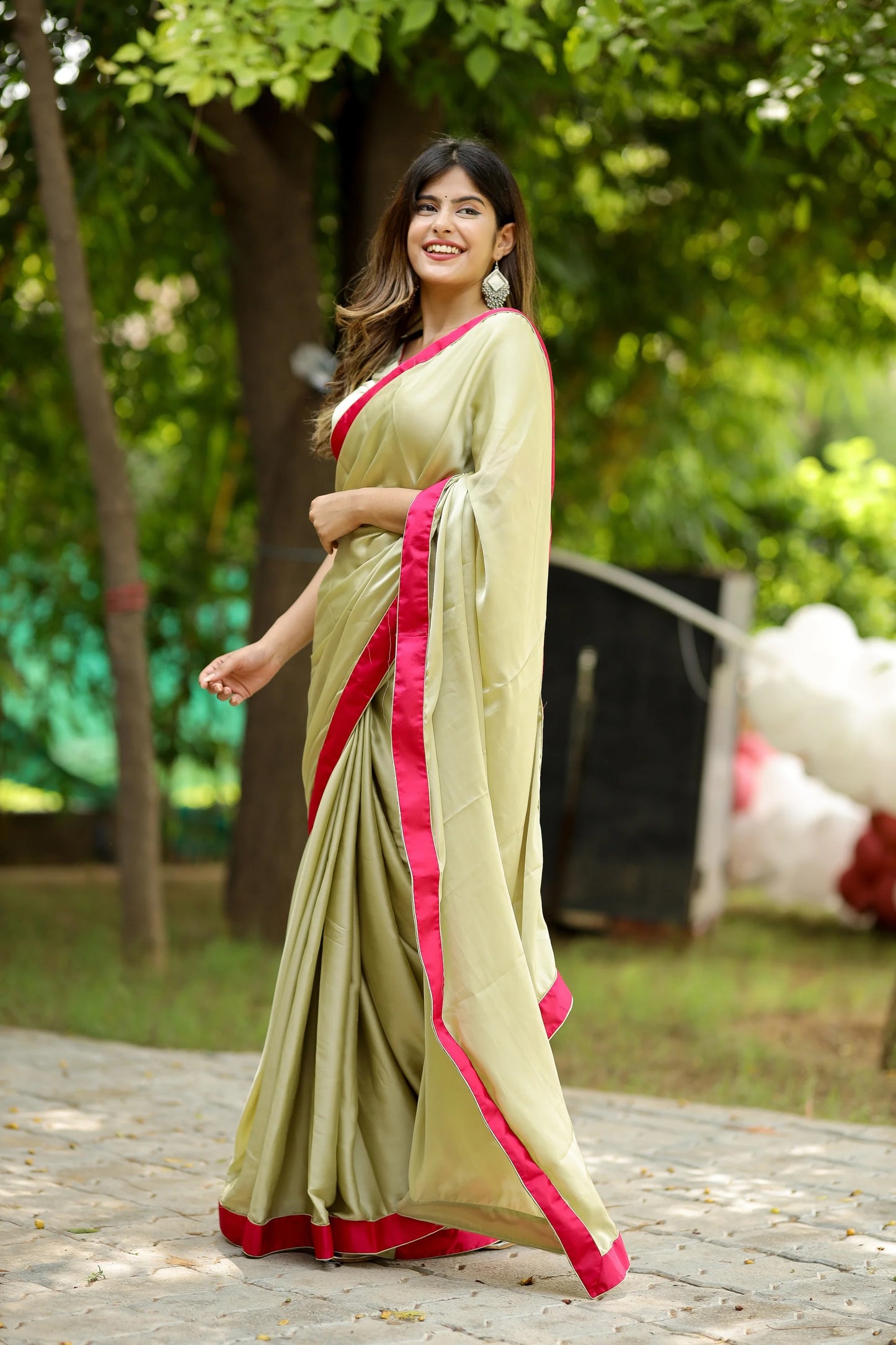 Minty Blush Satin Crepe Saree with Rani Satin Border