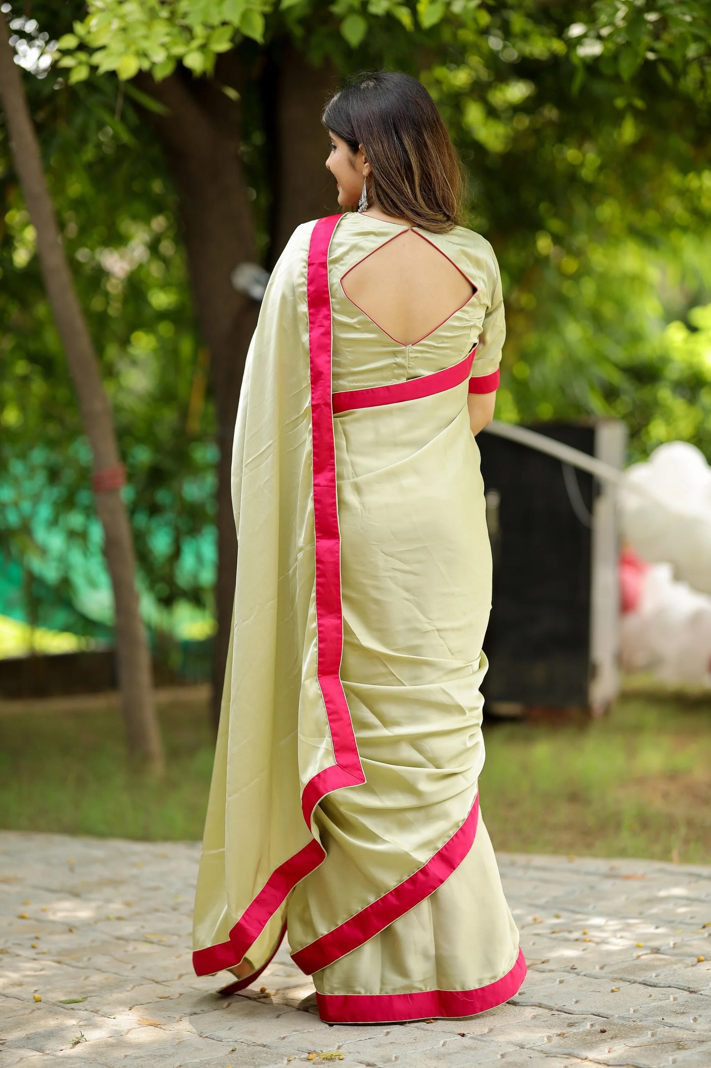 Minty Blush Satin Crepe Saree with Rani Satin Border