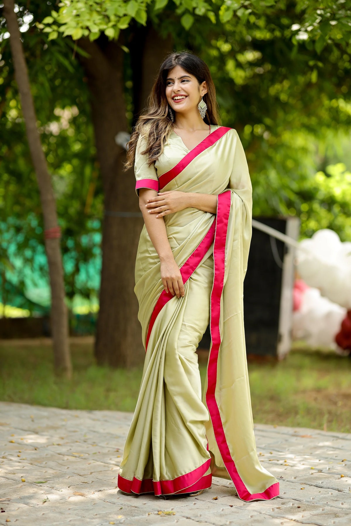 Minty Blush Satin Crepe Saree with Rani Satin Border