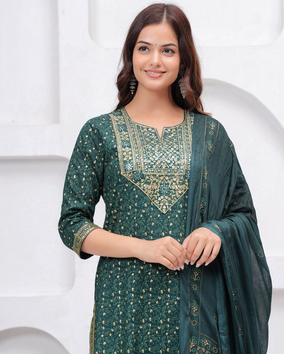 Dark Green Sequin Embroidered Rayon Kurta and Pant Set