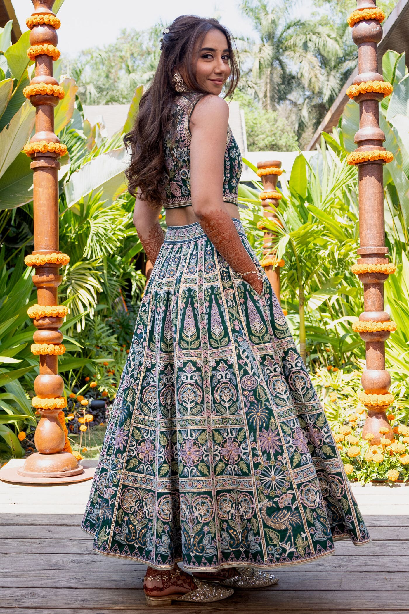 Prajakta Koli Inspired Green Hand-Embroidered Silk Skirt Set | Flora Forest SEWA Artisan Outfit