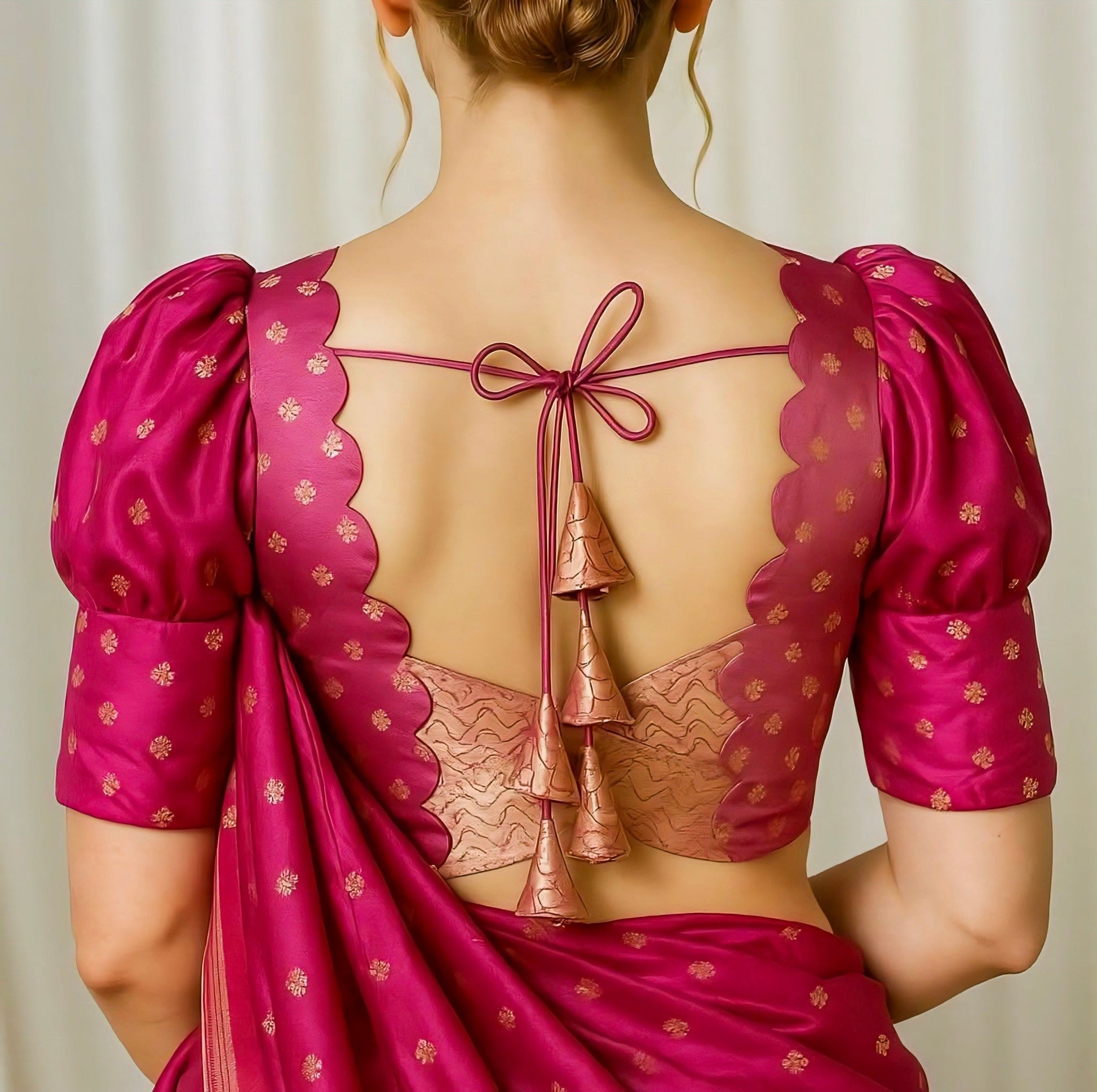Magenta silk blouse with scalloped back neckline and dori tassels — elegant festive saree blouse design for women.