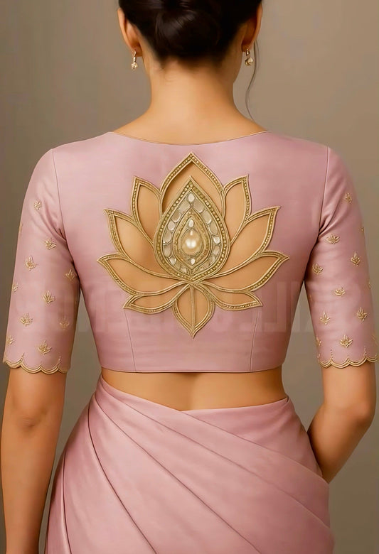 Pink blouse with lotus cutwork embroidery and pearl detail on back — perfect for elegant wedding or festive saree look.