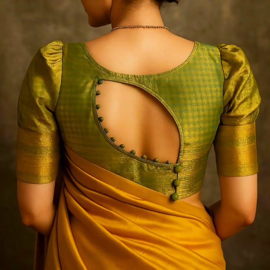 Green silk blouse with oval back cut and button detailing, paired with mustard saree for traditional wear.