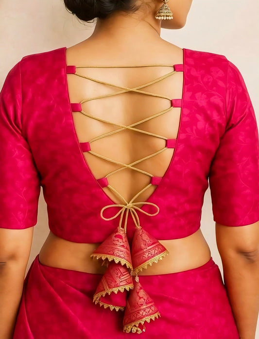 Maroon criss-cross tie-up back neck blouse with golden tassels, ideal for festive and traditional saree looks.