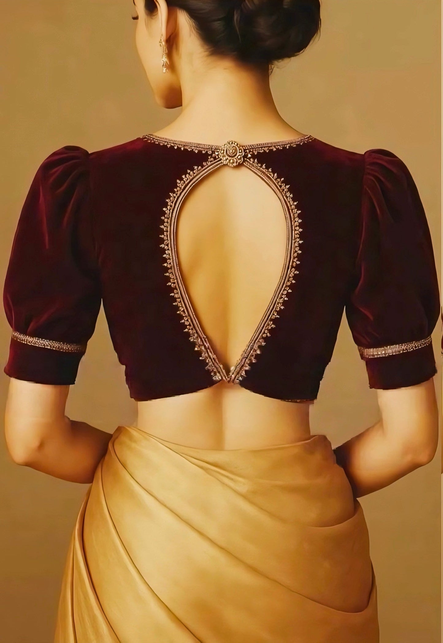 Woman wearing a maroon blouse with intricate back design on a beige background