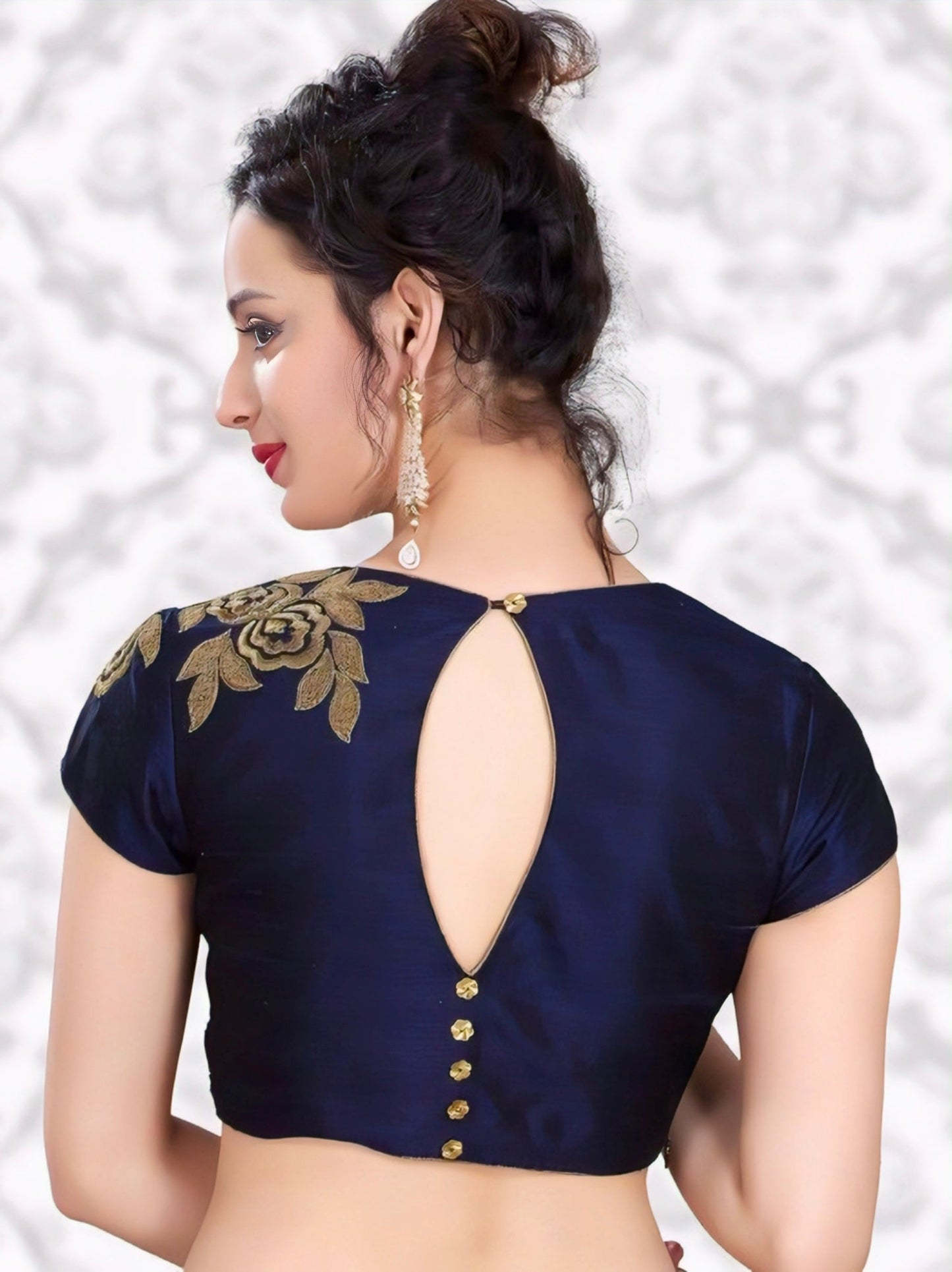 Navy Blue Keyhole Back Blouse with Golden Embroidery | Designer Festive Blouse – Rimzim Fashion