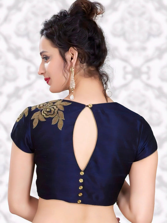 Navy Blue Keyhole Back Blouse with Golden Embroidery | Designer Festive Blouse – Rimzim Fashion