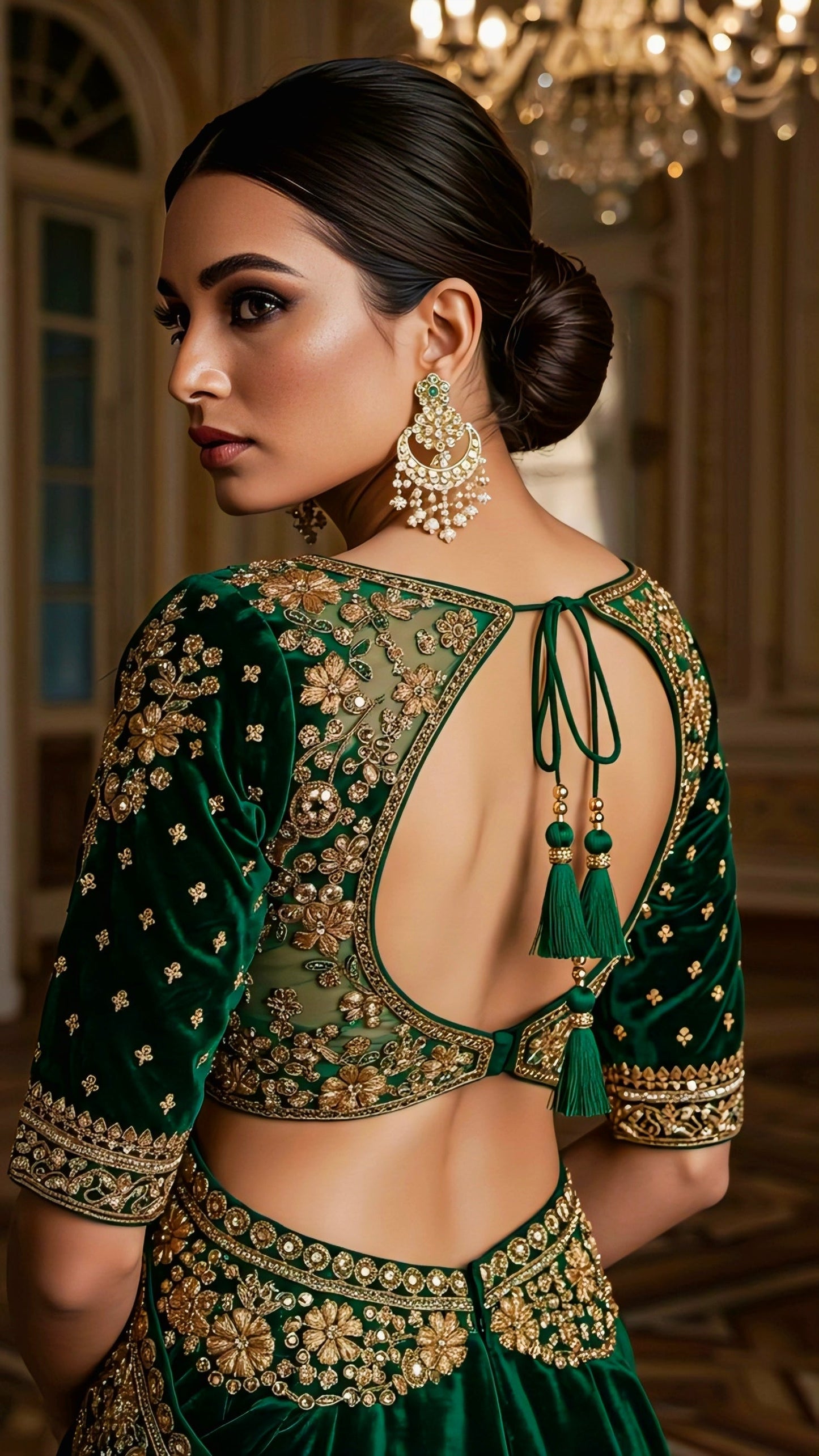Emerald green velvet embroidered back-neck blouse with golden floral work and tassel dori tie-up