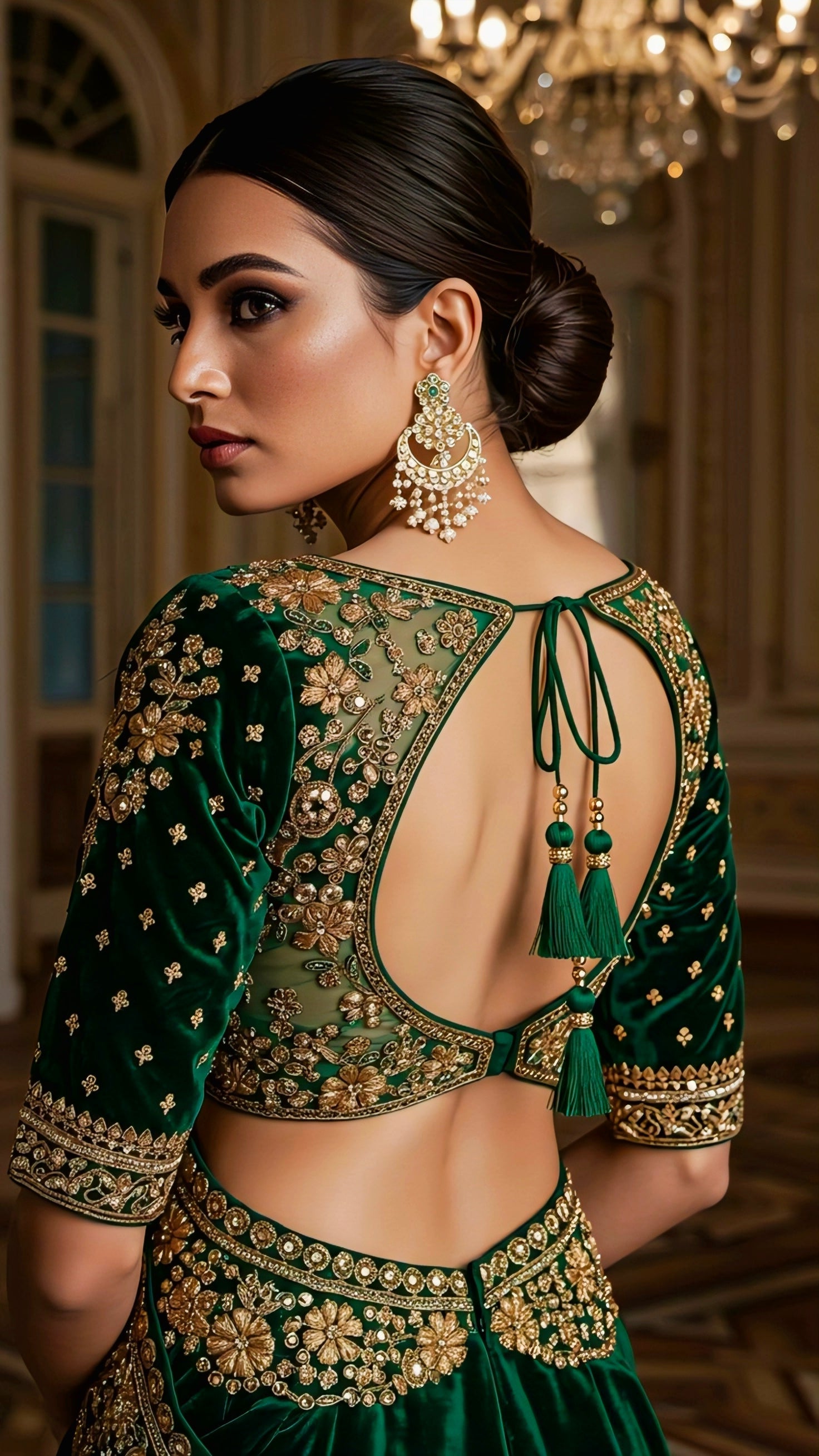 Emerald green velvet embroidered back-neck blouse with golden floral work and tassel dori tie-up