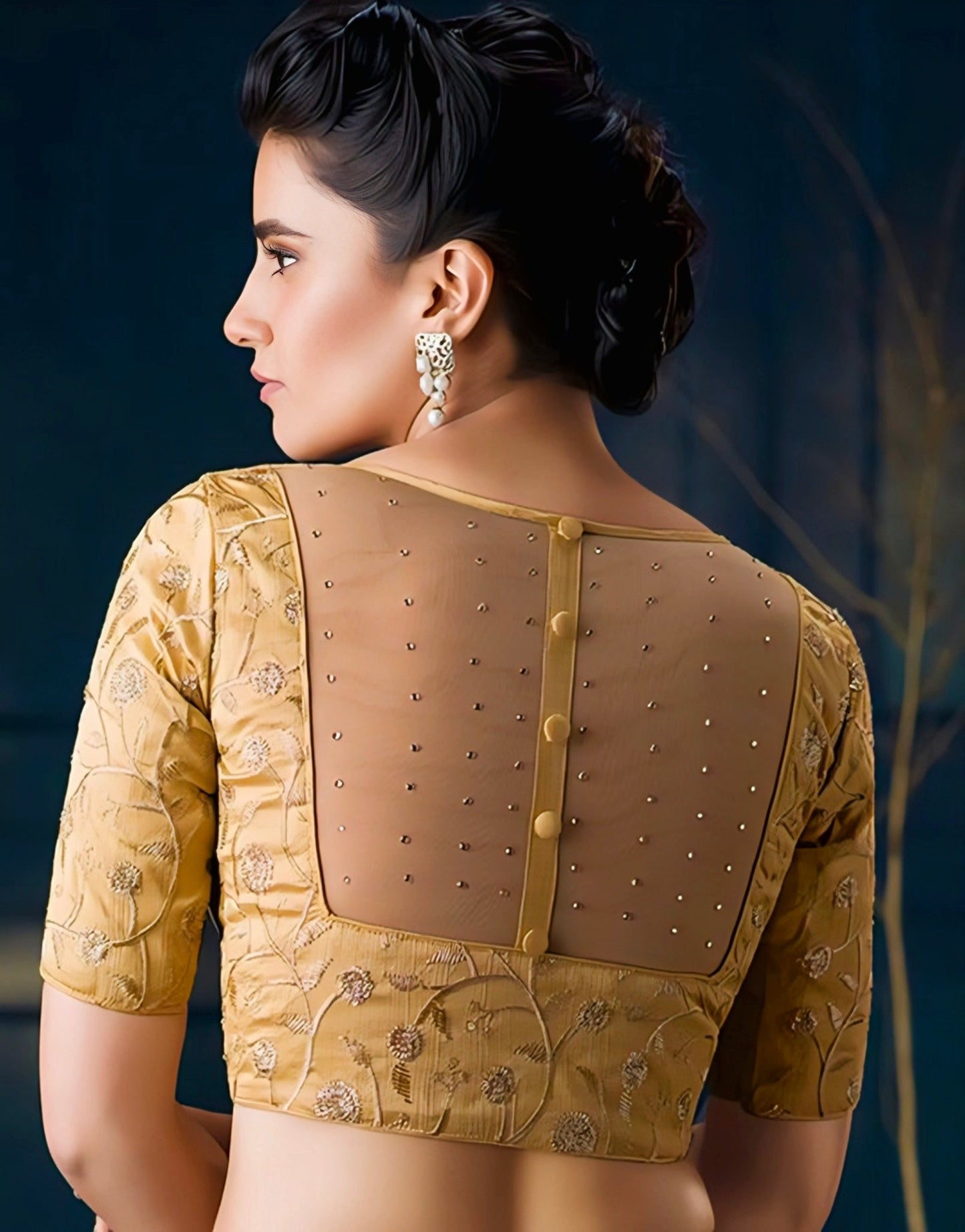 Golden embroidered saree blouse with back net and button design – women’s ethnic wear