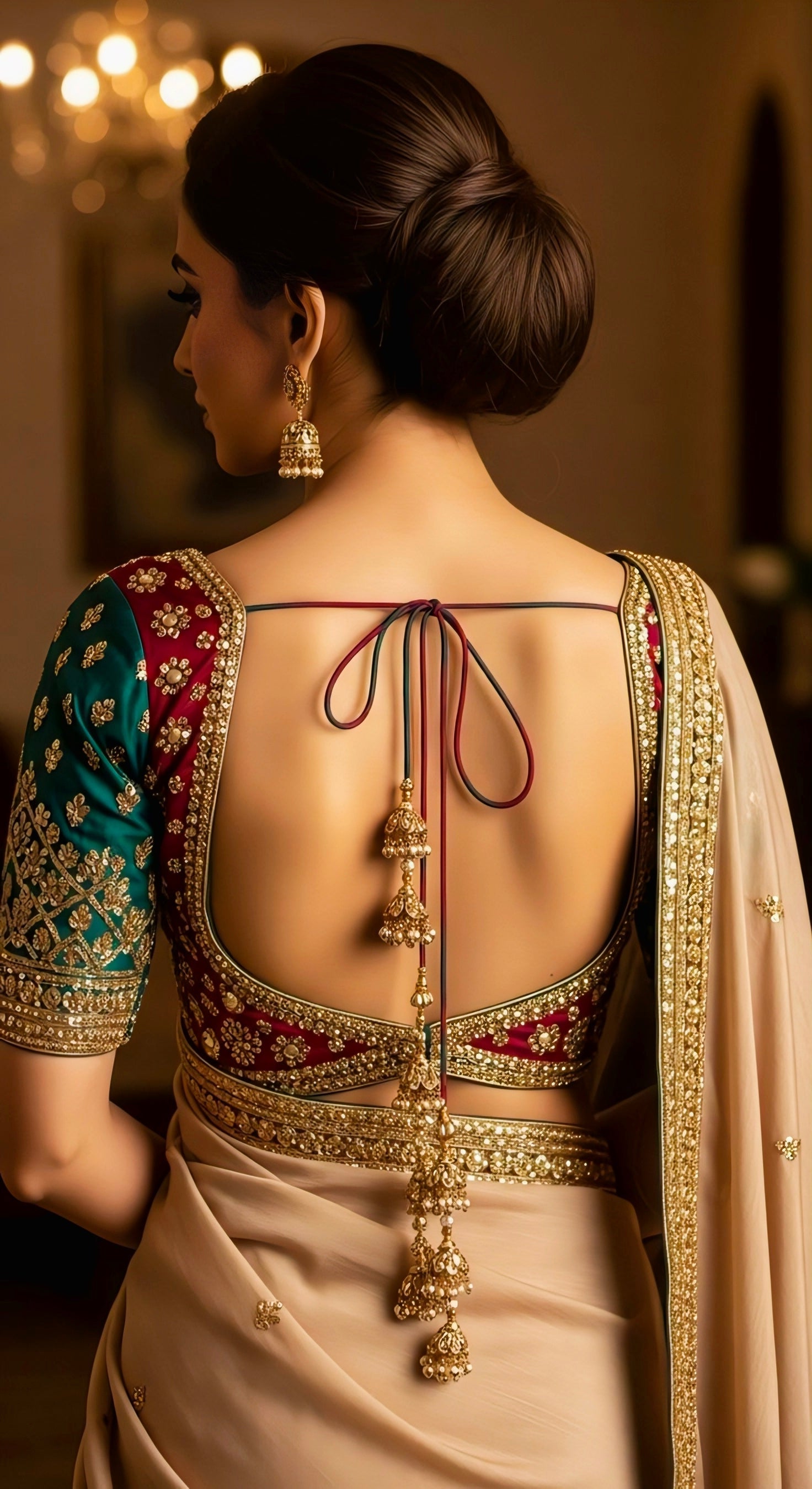 Back view of a designer maroon and teal embroidered backless blouse with golden latkans and tie-back dori worn with a beige saree