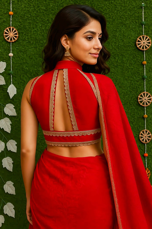 A woman wearing a red saree with a halter-neck backless blouse featuring golden lace detailing, standing against a decorative green backdrop.