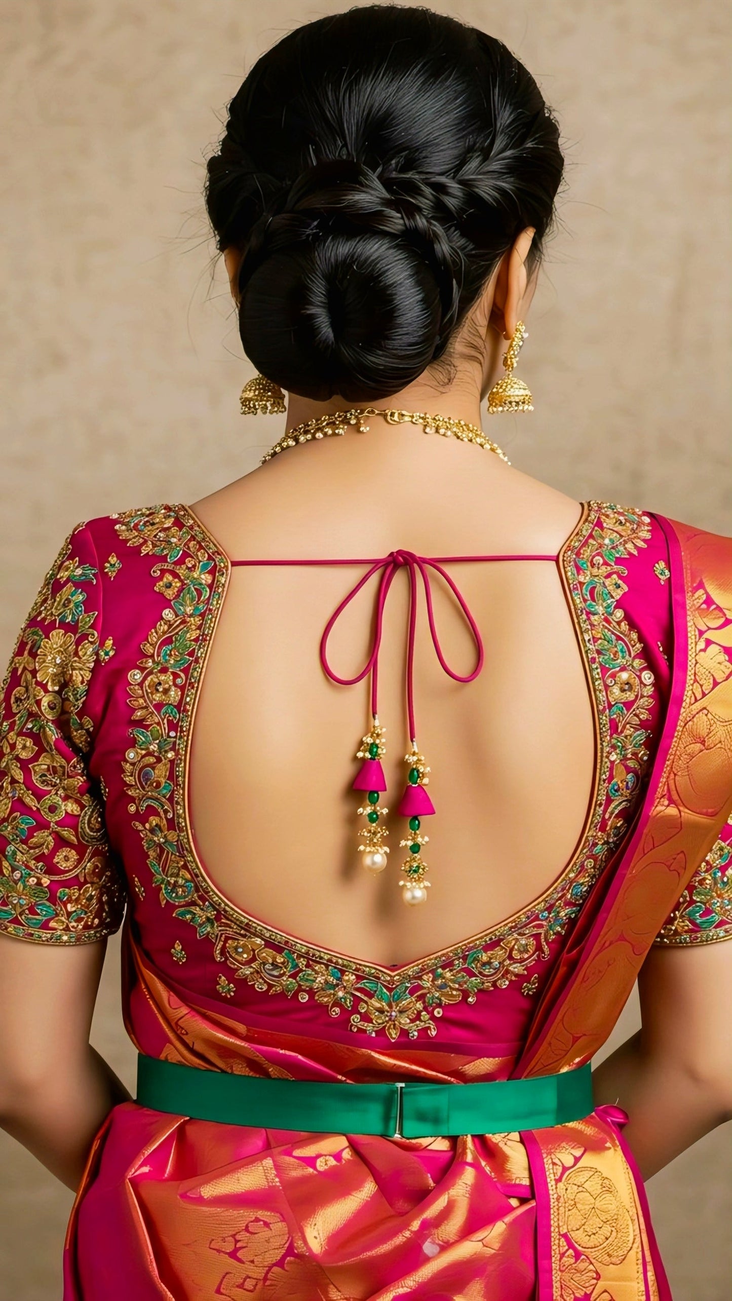Pink embroidered deep back-neck blouse design with decorative latkans – Rimzim Fashion