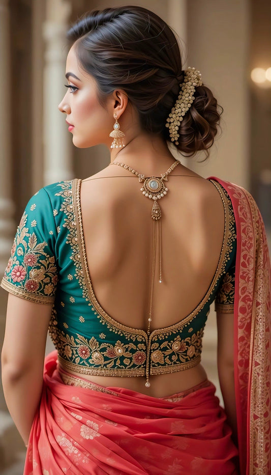 Teal green embroidered deep U-back blouse with heavy golden zari floral work