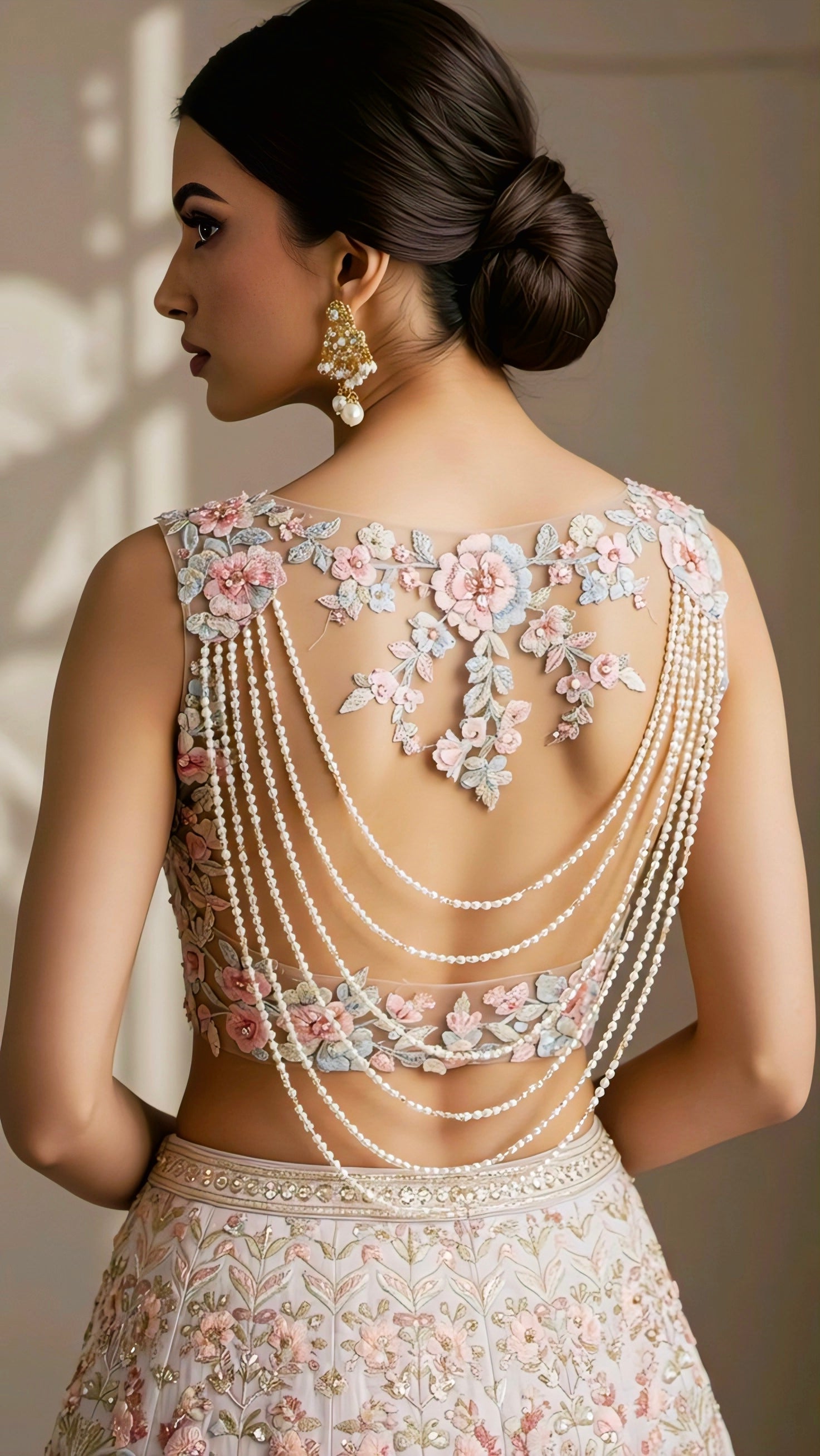 Floral embroidered back blouse with pastel threadwork and layered pearl chain detailing – latest blouse back design inspiration by Rimzim Fashion.