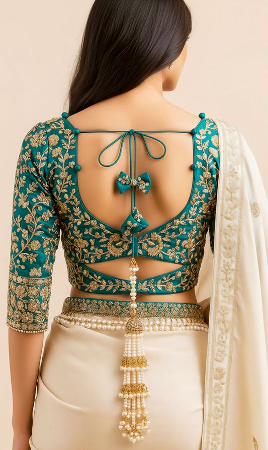 “Teal embroidered back-tie blouse design with golden zari work and pearl tassel detailing – blouse back side design inspiration.”