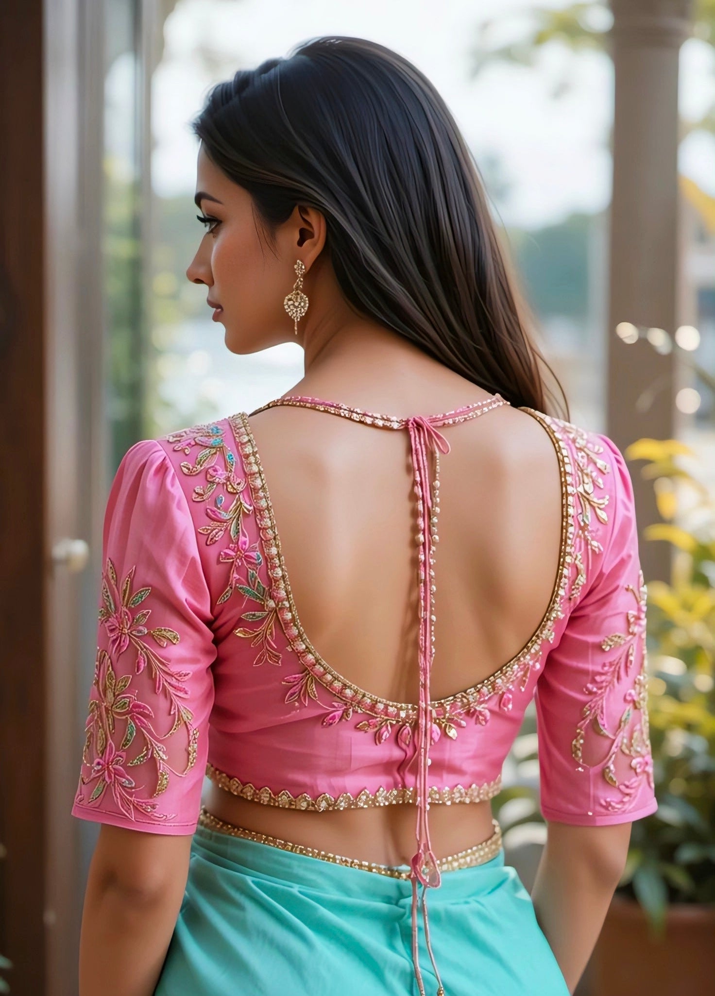 “Pink embroidered backless blouse with dori and floral handwork detailing.”